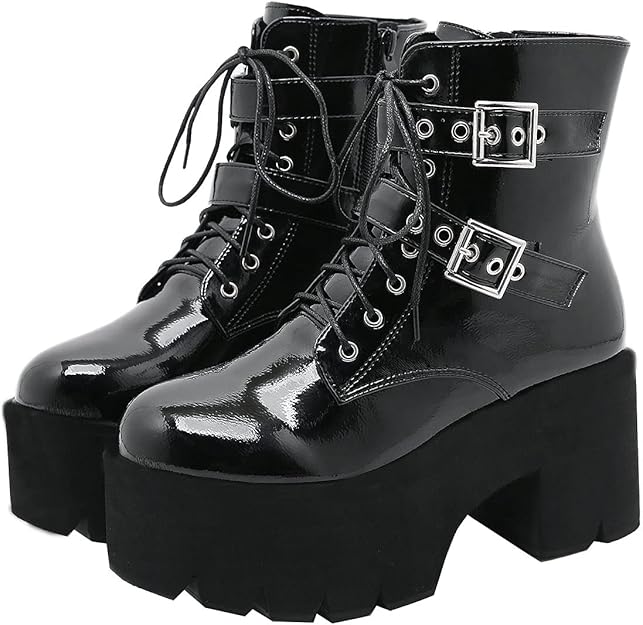 juleya 女式厚防水台短靴粗跟漆皮及踝靴圆头带扣带哥特式冬季鞋